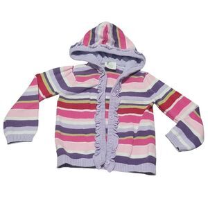 Stripe hooded cardigan ruffle trim